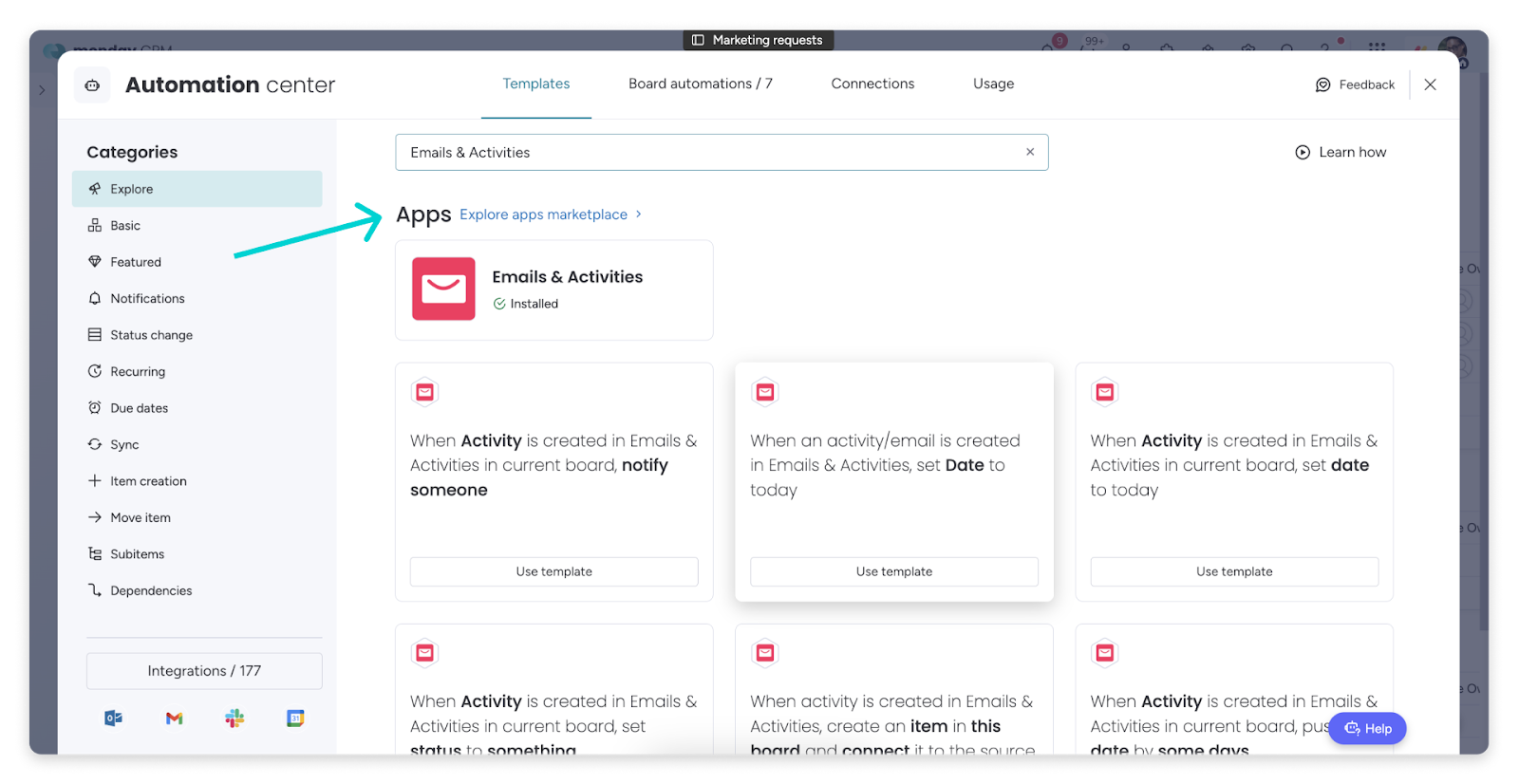 The monday CRM Automation center showing the Emails & Activities automation options in the Apps section