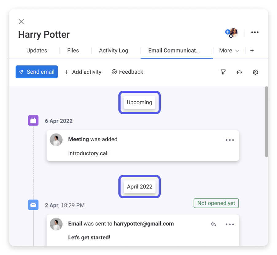 The Emails & Activities timeline with filter options open, showing the ability to filter by activity type and date range