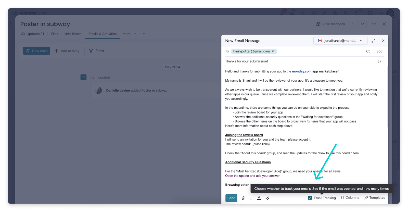 The email editor in monday CRM showing the email tracking checkbox at the bottom of the compose window